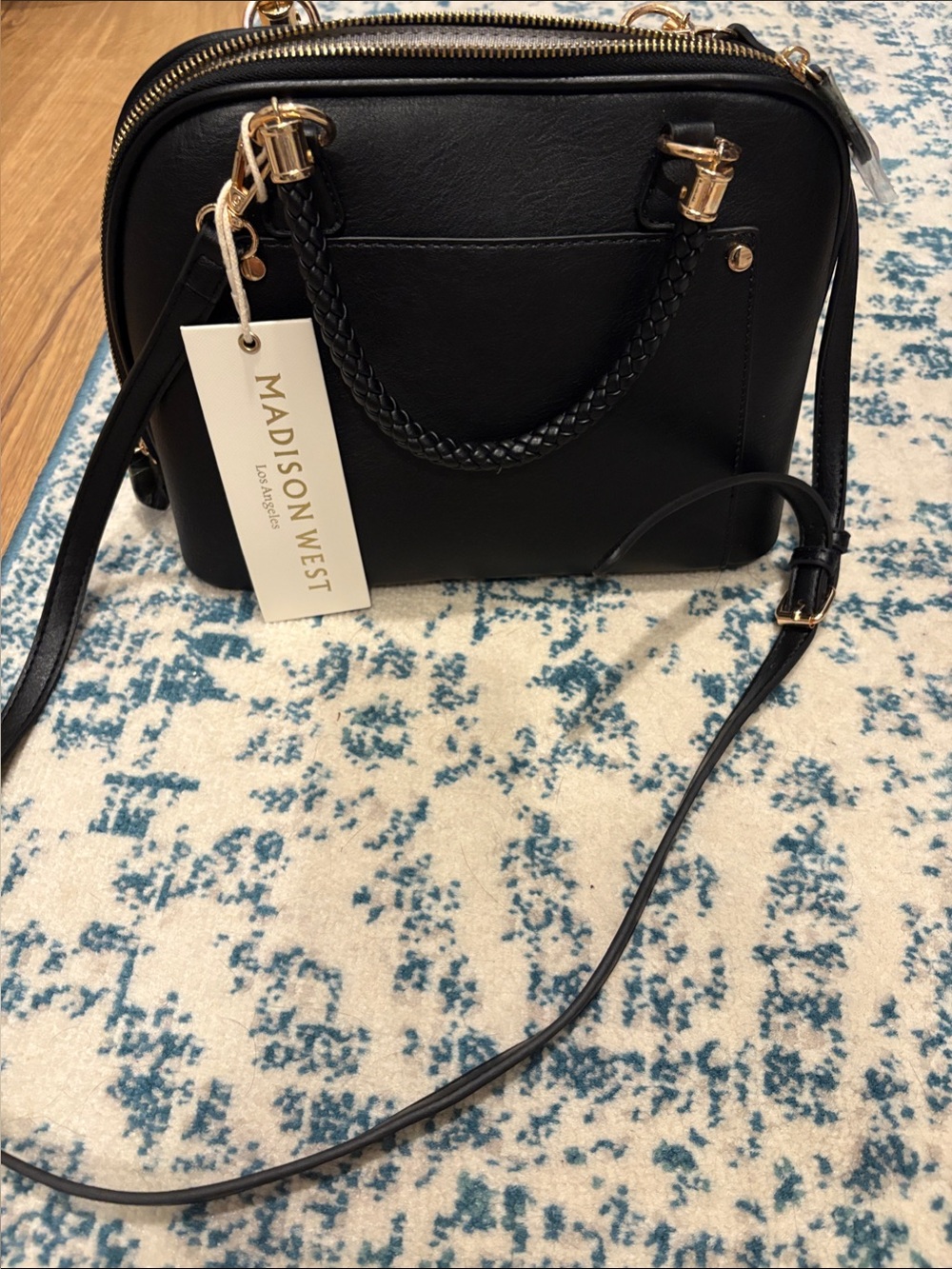 Madison West Black Braided-Handle Crossbody Satchel with Gold Hardware
